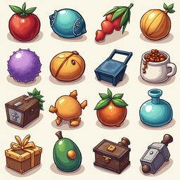 A grid of sixteen whimsical objects, including a red apple, blue robot, radish, purple ball, yellow ball, wooden chest, green pear, orange, teapot, gift box, and blue bottle.