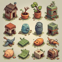 A grid of sixteen whimsical, pixel art houses and structures in various colors and designs.