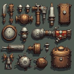 A grid of steampunk-inspired objects, including guns, bombs, and tanks, is rendered in muted metallic tones.