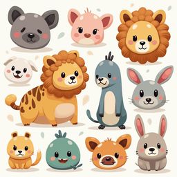 A grid of twelve cartoon animal heads, including a bear, lion, dog, lion, mouse, rabbit, cat, frog, lizard, bird, and elephant, faces forward.
