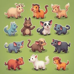 A grid of twelve cartoon animals, including a deer, horse, bear, dog, elephant, hippopotamus, cow, pig, sheep, fox, and ram, stand and walk against a green backdrop.