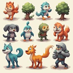 A grid of twelve cartoon animals, including a fox, bird, dog, cat, squirrel, owl, bear, horse, sheep, and man, is arranged against a light beige backdrop.