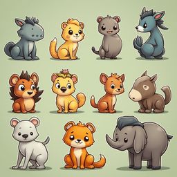 A grid of twelve cartoon animals, including a gray wolf, yellow cat, gray bear, blue dog, brown lion, orange fox, gray elephant, and white dog, stand and sit against a light green backdrop.