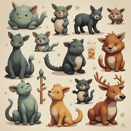 A grid of twelve cartoon animals, including a green fox, gray wolf, brown bear, orange deer, gray cat, yellow dog, brown dog, gray squirrel, and red bird, interact against a light beige background.