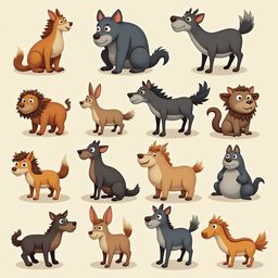 A grid of twelve cartoon animals, including dogs, wolves, lions, horses, and donkeys, showcases diverse colors, poses, and expressions.