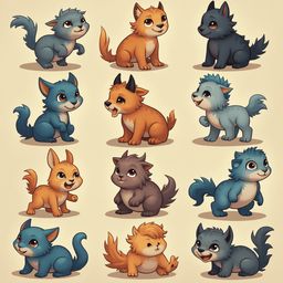 A grid of twelve cartoon cats in various shades of gray, blue, orange, and brown, with diverse expressions and poses.