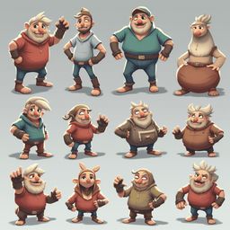 A grid of twelve cartoon characters, each unique in appearance and attire, stands against a light blue backdrop.
