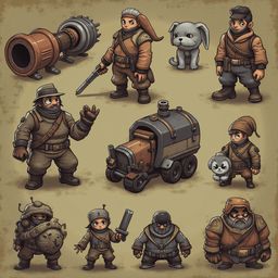 A grid of twelve cartoon characters in military uniforms, carrying various objects, stands against a tan background.