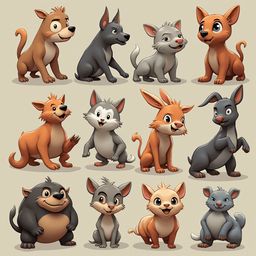 A grid of twelve cartoon dogs in various colors and poses, displaying diverse expressions and postures.