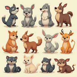 A grid of twelve cartoon dogs in various colors and poses, arranged in three rows.