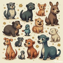 A grid of twelve cartoon dogs in various colors and poses, with gold flowers scattered throughout.