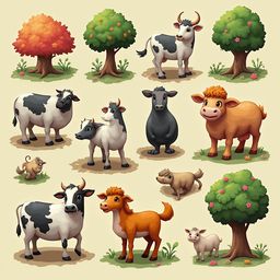 A grid of twelve cartoon farm animals, including cows, horses, sheep, pigs, sheep, goats, and a tree, is arranged against a light yellow backdrop.