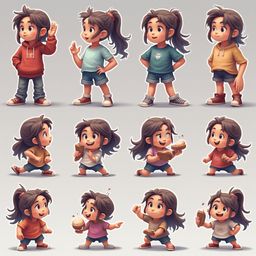 A grid of twelve cartoon girls in various outfits, holding cakes and ice cream, displays diverse poses and expressions.