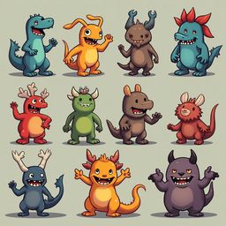 A grid of twelve cartoon monsters in various colors, poses, and expressions, arranged in three rows.
