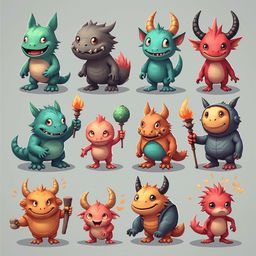 A grid of twelve colorful, cartoonish creatures with horns, claws, and varying expressions, each holding a unique object.