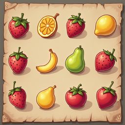 A grid of twelve colorful fruits, including strawberries, oranges, lemons, bananas, pears, and apples, is arranged on a rustic background.