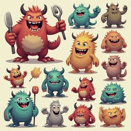 A grid of twelve colorful monsters, varying in size and appearance, displays a range of expressions and weapons.