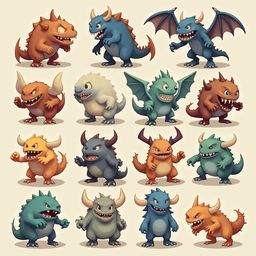 A grid of twelve colorful monsters with unique features and poses, arranged against a light yellow background.