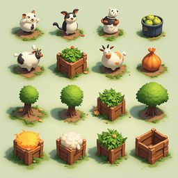 A grid of twelve farm animals, including cows, pigs, sheep, sheep, chickens, sheep, cows, pumpkins, and apples, is depicted in various settings.