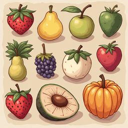 A grid of twelve illustrated fruits, including strawberries, pears, apples, grapes, avocados, pumpkins, and peaches, is arranged against a light beige backdrop.