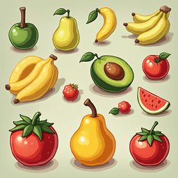 A grid of twelve illustrated fruits, including bananas, apples, pears, avocados, tomatoes, strawberries, and watermelon, is arranged against a light green backdrop.