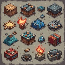 A grid of twelve isometric boxes, varying in color and content, arranged on a muted gray-green background.