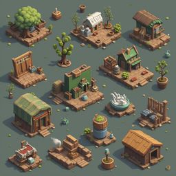 A grid of twelve isometric buildings features diverse designs, from rustic to whimsical, showcasing various materials and colors.