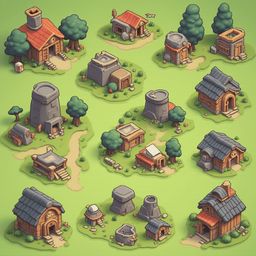 A grid of twelve isometric houses, trees, and rocks in various colors and styles, arranged on a vibrant green field.
