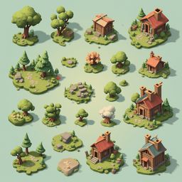A grid of twelve isometric scenes features various structures and elements, including houses, trees, rocks, and pathways, rendered in a low poly style.