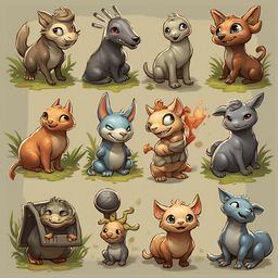 A grid of twelve stylized cartoon animals, varying in color and form, sits on grassy patches with unique poses and expressions.