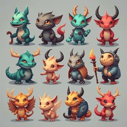 A grid of twelve stylized, cartoonish creatures with horns, wings, and diverse colors, arranged in four rows and three columns.