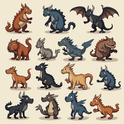 A grid of twelve stylized dragons in various colors and poses, showcasing diverse features and expressions.
