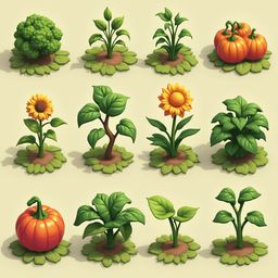 A grid of twelve stylized plants, including a broccoli, sunflowers, pumpkin, and succulent, features vibrant colors and simple shapes.