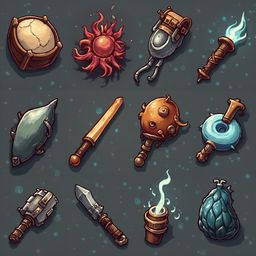 A grid of twelve unique and colorful game items, including a wooden bowl, sun, backpack, sword, orb, orb, orb, orb, orb, orb, orb, orb, and a blue and green creature.