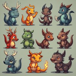 A grid of twelve unique cartoon dragons in various colors, poses, and expressions.