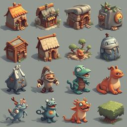 A grid of twelve unique, cartoon-style buildings with diverse features and colors.