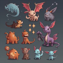 A grid of twelve unique, colorful creatures with varying features and poses, set against a dark gray background with scattered stars.