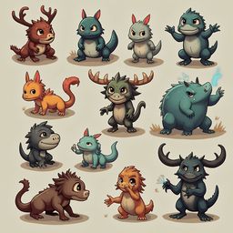 A grid of twelve unique creatures with varying features, colors, and poses, arranged against a light beige backdrop.