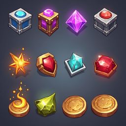 A grid of twelve unique game-related objects, including crystals, boxes, stars, gems, coins, and a fire-bending potion, showcases diverse styles and colors.