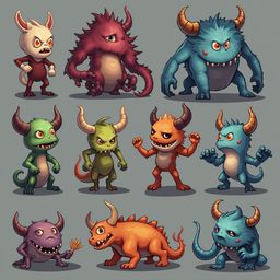 A grid of twelve unique monsters, varying in color, size, shape, and expression, stand against a light blue backdrop.