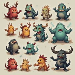 A grid of twelve unique monsters, varying in color, shape, and size, poses with expressive faces and antlers.