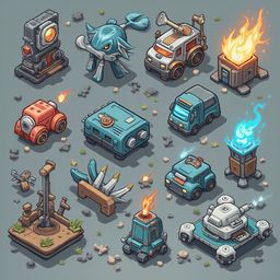 A grid of twelve unique vehicles, including a robot, spaceship, tank, and car, is arranged on a gray background with scattered objects.