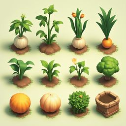 A grid of twelve vibrant plants, including a pumpkin, squash, flower, tree, and planter, grows from brown soil.