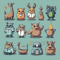 A grid of twelve whimsical cartoon animals, including a giraffe, hamster, deer, robot, and bear, stand together in various outfits against a light blue backdrop.