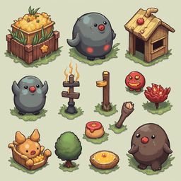 A grid of twelve whimsical, cartoon-like creatures and objects, including a bird, house, tree, flower, creature, and basket, rests on a light green background.