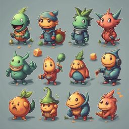 A grid of twelve whimsical, cartoon-like creatures in various colors and poses, arranged against a light blue backdrop.