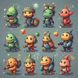 A grid of twelve whimsical, cartoon-like creatures in various colors and poses, arranged against a light blue backdrop.
