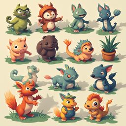 A grid of twelve whimsical, cartoon-style creatures in various colors and poses, set against a light green backdrop.