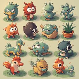 A grid of twelve whimsical, cartoon-style creatures in various colors and poses, set against a light green backdrop.