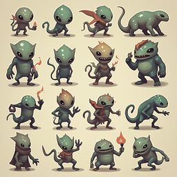 A grid of twelve whimsical green creatures with unique features and poses, arranged in four rows and three columns.